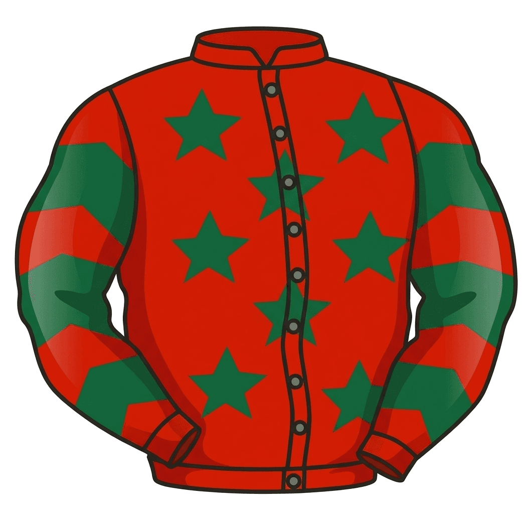 Joe Tickle Racing Club silks, red with green stars and chevron sleeves